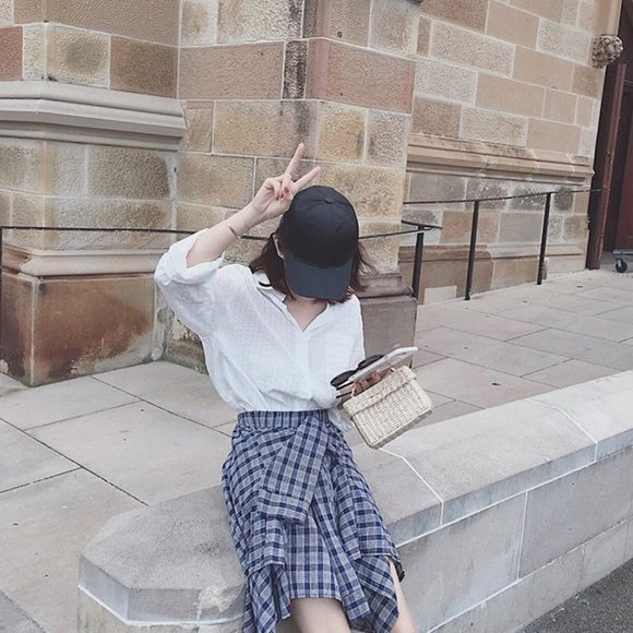 Elastic Plaid Skirt - Picture 1 of 7